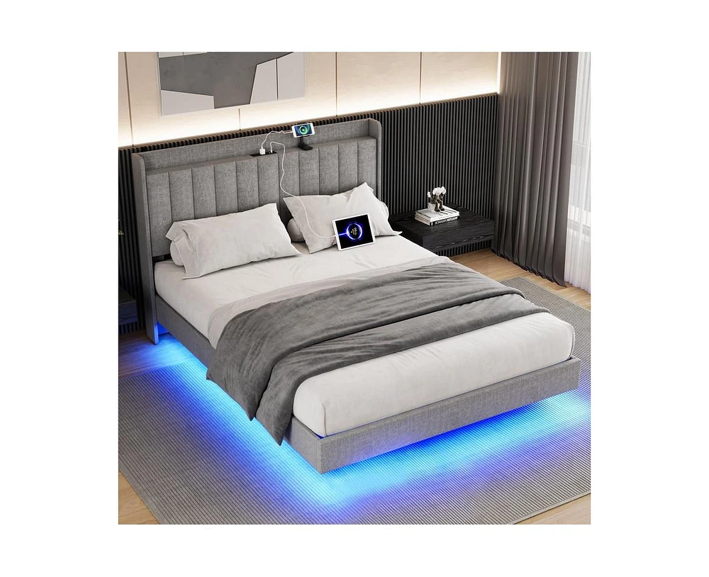 gaomon King Size Floating Bed Frame with Led Lights, Upholstered Platform Full Bed Frame with Charging Station, No Box Spring Needed,Gray