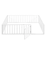 Slickblue Queen Size Metal Floor Bed Frame with Fence and Door Stylish and Secure Design