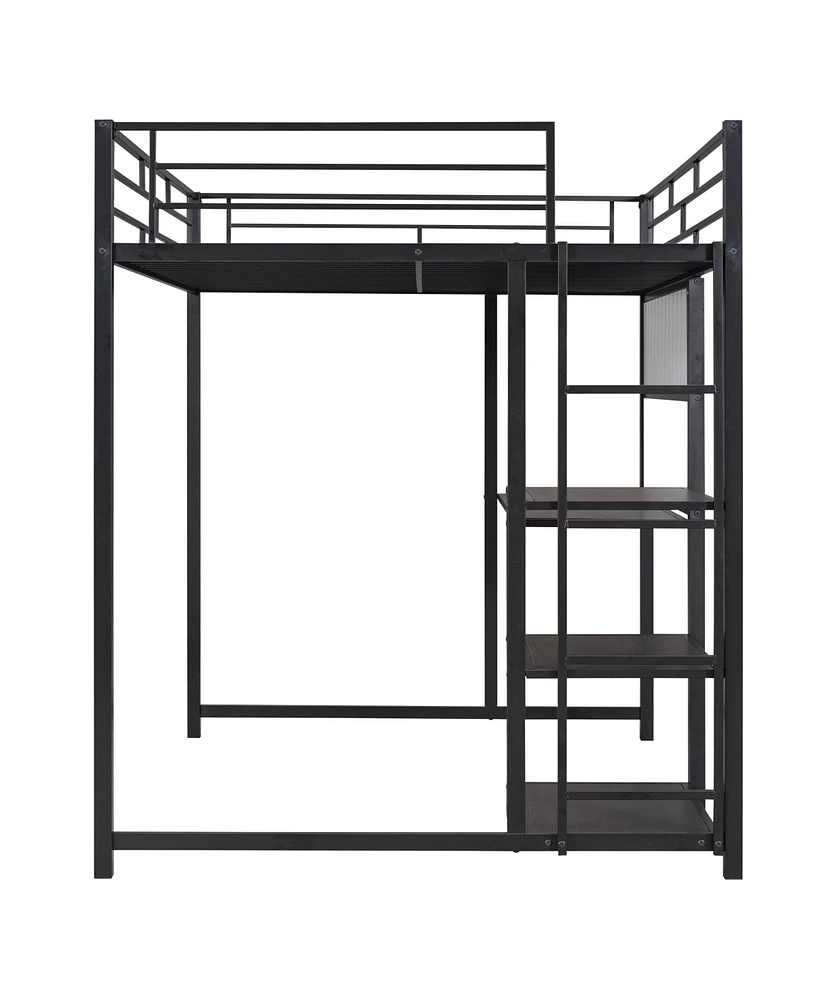 Slickblue Full Size Loft Bed with Desk and Whiteboard, Metal Loft Bed with 3 Shelves and Ladder, Black