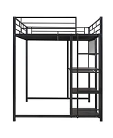 Slickblue Full Size Loft Bed with Desk and Whiteboard, Metal Loft Bed with 3 Shelves and Ladder, Black