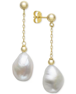 Belle de Mer Cultured Freshwater Baroque Pearl (10-11mm) Chain Drop Earrings in 14k Gold