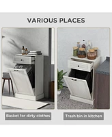 Kitchen Tilt Out Trash Bin Cabinet Free Standing Recycling Cabinet Trash Can Holder With Drawer, Light Gray