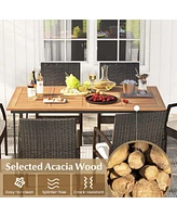 Costway 7 Pcs Patio Dining Set with Acacia Wood Dining Table Rattan Armchairs Soft Cushions