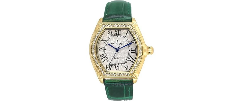 Peugeot Women's 36mm Green Watch Barrel Shaped Tank Case Leather Strap