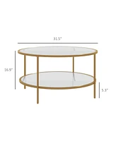 Streamdale Furniture Side Table with Storage, 32" Round End Table, 2-Tier Tempered Glass Coffee Table with Steel Frame for Living Room, Gold