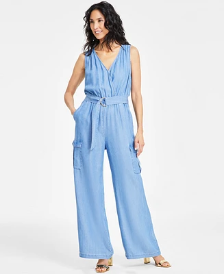 I.n.c. International Concepts Women's Surplice Sleeveless Belted Chambray Jumpsuit, Exclusively at Macy's