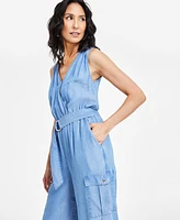 I.n.c. International Concepts Women's Surplice Sleeveless Belted Chambray Jumpsuit, Exclusively at Macy's