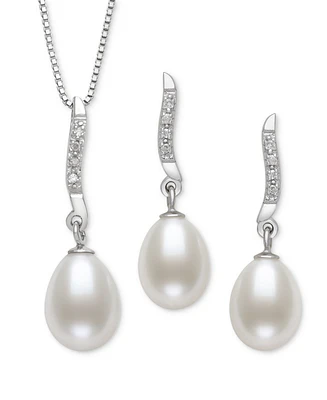 Belle de Mer 2-Pc. Set Cultured Freshwater Pearl (7-8mm) & Lab Created White Sapphire (1/3 ct. t.w.) Pendant Necklace & Matching Drop Earrings in Ster