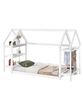 Slickblue Twin Size Wood House Bed with Storage Shelf and Hanger Kids Bedroom Set