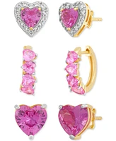 3-Pc. Set Lab Created Pink Sapphire (6 ct. t.w.) & Lab Created White Sapphire (1/2 ct. t.w.) Heart Stud & Small Hoop Earrings 14k Gold-Plated Sterling