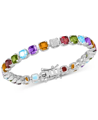 Multi-Gemstone (14-1/2 ct. t.w.) & Diamond Cluster (1/8 ct. t.w.) Cushion Tennis Bracelet in Sterling Silver