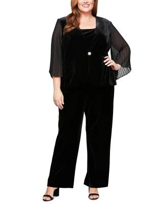 Alex Evenings Plus Size Velvet Pleated Sleeve Jacket Tank Top Velvet Side Stripe Straight Leg Pants