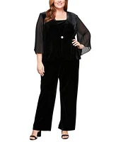 Alex Evenings Plus Size Velvet Pleated Sleeve Jacket Tank Top Velvet Side Stripe Straight Leg Pants