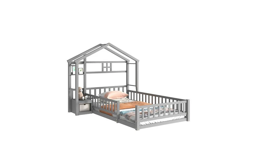 Slickblue Twin Size House-Style Floor Bed with Headboard and Fence Guardrails for Kids Safety