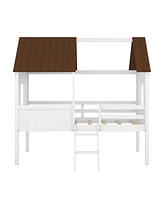 Slickblue Twin Low Loft Wood House Bed with Two Side Windows (White+Brown)