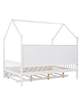 Slickblue Wooden Full Size House Bed with Trundle,Kids Bed with Shelf, White