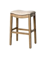 Maven Lane Adrien Saddle Barstool in Natural Wood Finish w/ Wheat Cream Fabric Upholstery