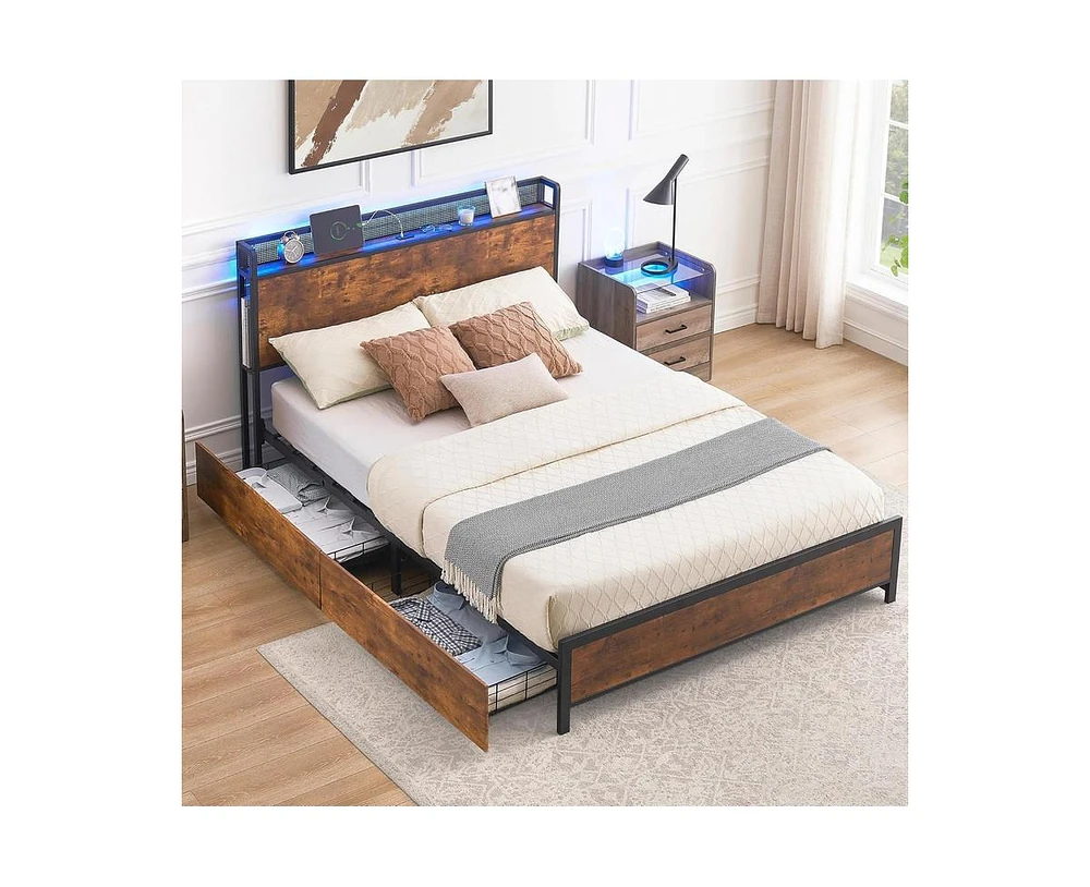 Garmin Bed Frame with Storage Drawers and Charging Station, Led Light Bed Frame with Storage Headboard,No Box Spring Needed