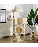 Slickblue Multi-functional Cat Tree Tower with Sisal Scratching Post, 2 Cozy Condos, Top Perch, Hammock, Climbing ladder and Dangling Ball Beige