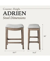 Maven Lane Adrien Saddle Counter Stool in Reclaimed Oak Finish w/ Ash Grey Fabric Upholstery