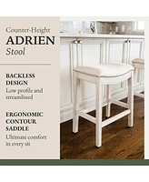 Maven Lane Adrien Saddle Counter Stool in White Oak Finish w/ Natural Fabric Upholstery