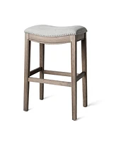 Maven Lane Adrien Saddle Bar Stool in Reclaimed Oak Finish w/ Ash Grey Fabric Upholstery