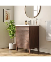 DeerValley 24" Bathroom Vanity with Ceramic Sink Top, Pre-assembled Mid-Century Wood Bathroom Cabinet Walnut