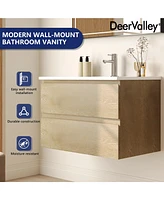 DeerValley 30'' Wall Mounted Bathroom Vanity with Ceramic Sink Top, Pre-assembled Floating Bathroom Cabinet