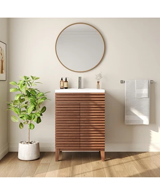 DeerValley 24" Bathroom Vanity with Ceramic Sink Top, Pre-assembled Mid-Century Wood Bathroom Cabinet Walnut