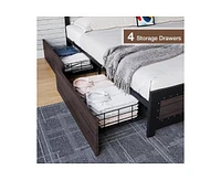 gaomon Bed Frame with Headboard, Industrial Platform Bed Frame with 4 Storage Drawers and Charge Station, Metal Slats Support