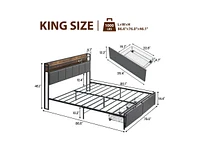 Garmin King Size Bed Frame with Headboard and Storage Drawers, Upholstered Platform Bed Frame with Charging Station and Led Lights, Gray