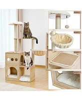 Slickblue Modern Luxury Cat Tree – Wooden Multi-Level Cat Tower Sky Castle with 2 Cozy Condos, Comfortable Perch