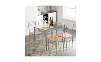 Slickblue Silver Iron Glass Dining Table with Four Chairs, Mdf Cushions for Modern Dining Room