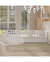 Slickblue Twin Size Montessori Wooden Floor Bed in White – Features Integral Construction with High Security Barrier and Door