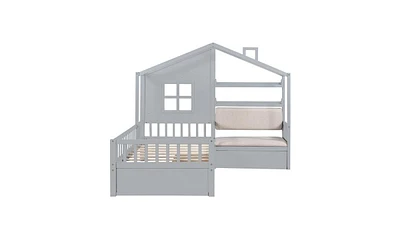 Slickblue Twin Size House Bed with Sofa, Kids Platform Bed with Two Drawers and Storage Shelf