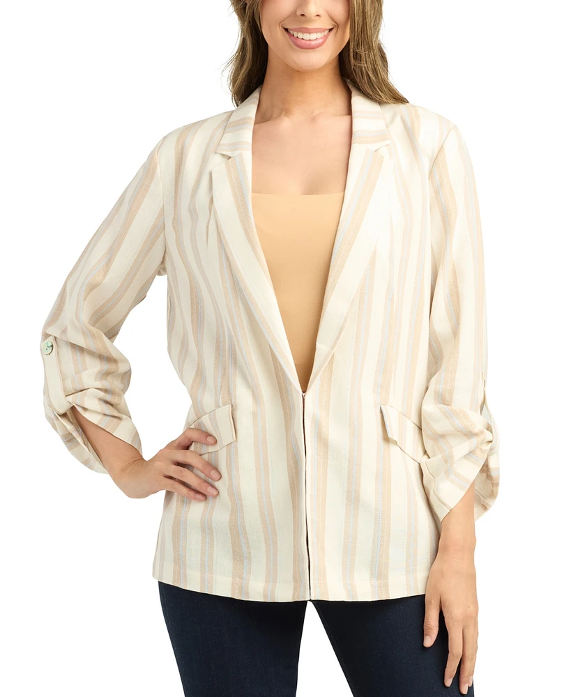 Bcx Juniors' Cotton Striped Roll-Tab Kiss-Front Blazer