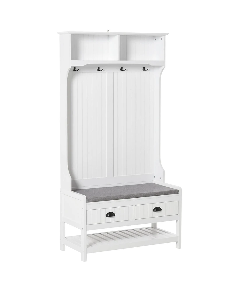 3-in-1 Hall Tree, Entryway Bench with Coat Rack, Mudroom Bench with Shoe Rack, 2 Storage Drawers, 4 Hooks and Padded Seat Cushions for Hallway, White