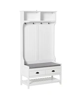 3-in-1 Hall Tree, Entryway Bench with Coat Rack, Mudroom Bench with Shoe Rack, 2 Storage Drawers, 4 Hooks and Padded Seat Cushions for Hallway, White