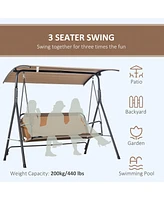 3-Person Porch Swing with Stand, Outdoor Swing for Patio Porch with Adjustable Tilt Canopy and Comfortable Swing Bench-Style Seat, Steel Frame, Brown