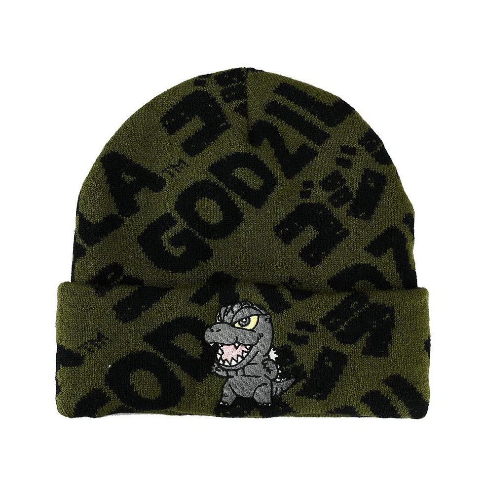 Godzilla Men's Olive and Black Logo Aop Magic Jacquard Embroidered Beanie Hat for Men