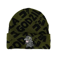 Godzilla Men's Olive and Black Logo Aop Magic Jacquard Embroidered Beanie Hat for Men