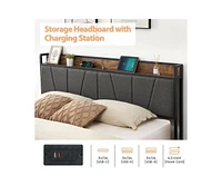 gaomon King Size Bed Frame with 2 Storage Drawers and Charging Station, Rustic Linen Upholstered Platform Bed Frame with Storage Headboard, Gray