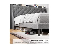 gaomon King Size Bed Frame with Charging Ports & Storage Shelf, Upholstered Platform Bed with Wingback Headboard, No Box Spring Needed, Gray