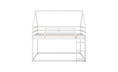 Slickblue Twin over Twin Low Bunk Bed in White - House Design with Ladder for Easy Access, Perfect for Kids' Bedrooms and Saving Space