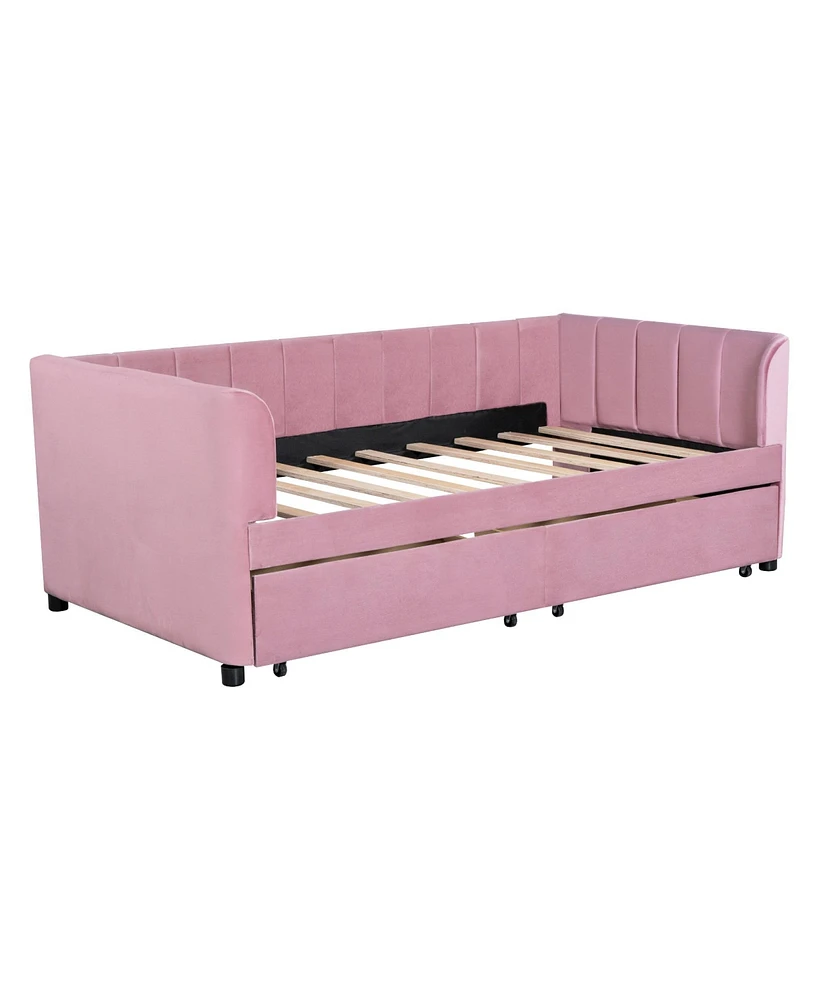 Slickblue Twin Size Upholstered Daybed with Ergonomic Design Backrest and 2 Drawers, Pink