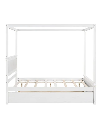 Slickblue Wood Canopy Bed with Trundle Bed ,Full Size Canopy Platform bed With Support Slats .No Box Spring Needed, Brushed White