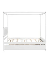 Slickblue Wood Canopy Bed with Trundle Bed ,Full Size Canopy Platform bed With Support Slats .No Box Spring Needed, Brushed White