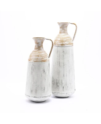 LuxenHome Set of 2 Distressed Off White and Rustic Brown Metal Pitcher Vase