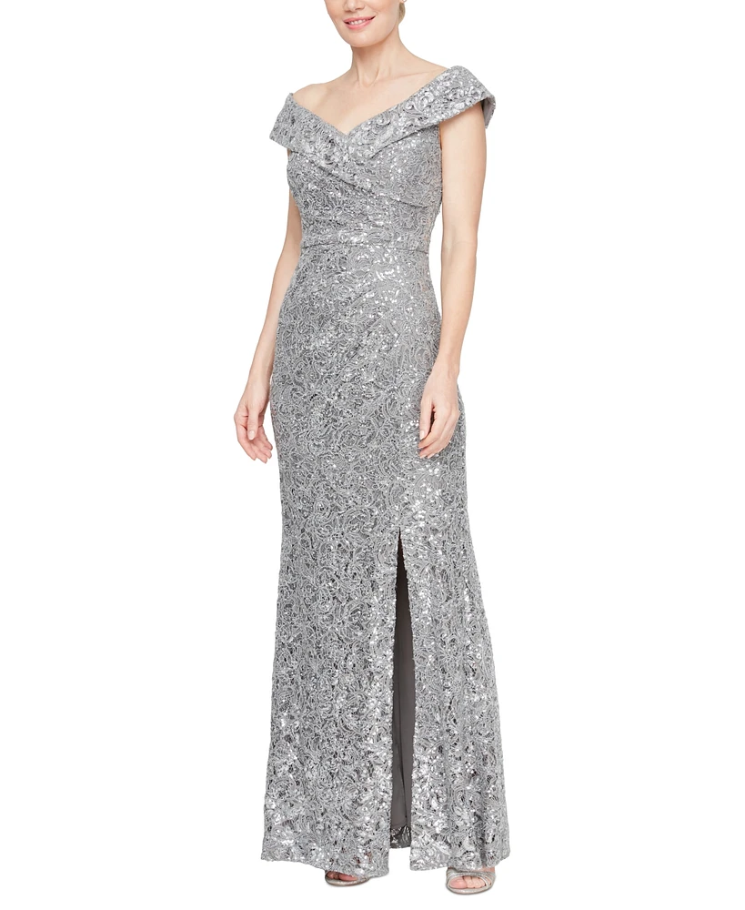 Alex Evenings Women's Sequined Lace Off-The-Shoulder Gown