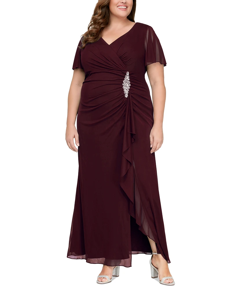 Alex Evenings Plus Flutter-Sleeve Embellished-Trim Gown